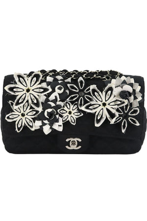 CHANEL 2015 CLASSIC MEDIUM FLORAL QUILTED JERSEY SINGLE FLAP SHOULDER BAG